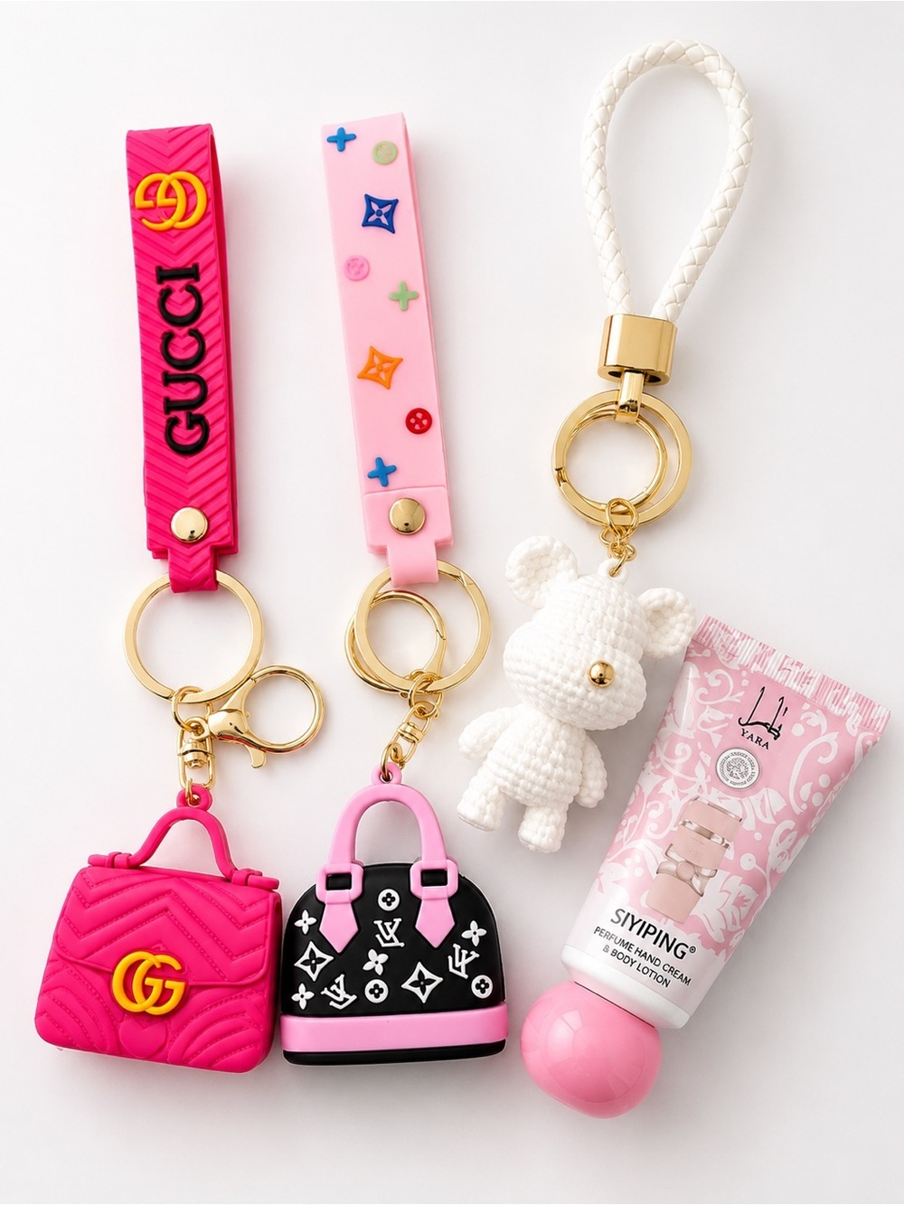 Pink Girly Keychain Bag Charm Bundle Bear Purse Wristlet Hand Cream NEW